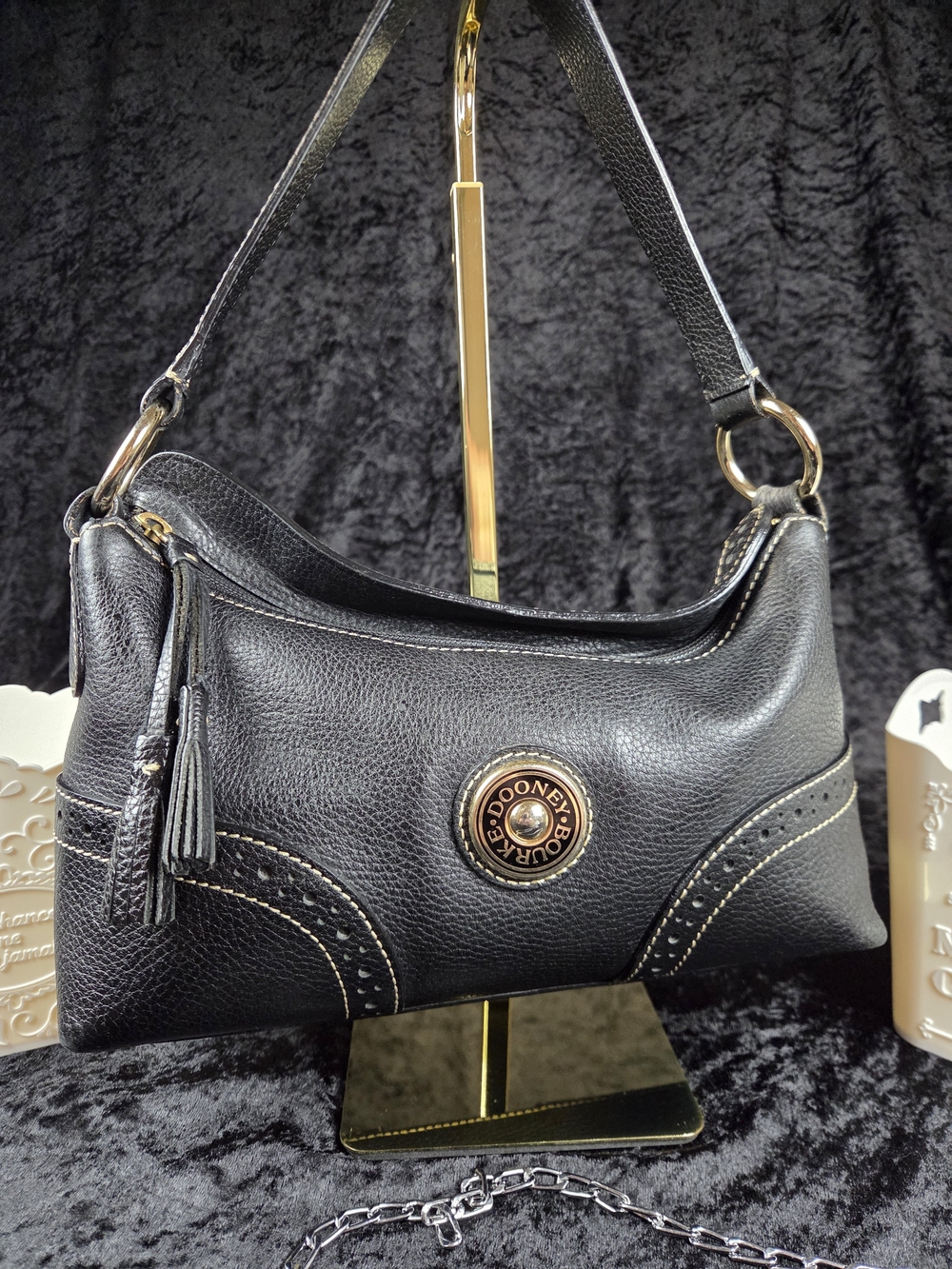 Dooney & Bourke Pebble Grain Leather Shoulder Bag Black Tassel Medallion Hobo